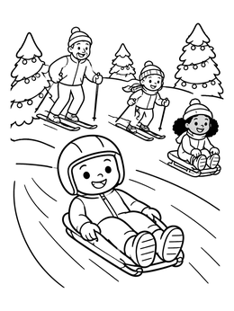 Kids skiing and sledding in this winter sports coloring page.