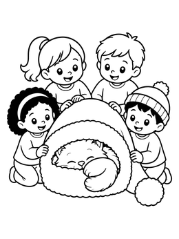 Free printable Children Watching Sleeping Kitten In Santa Hat coloring page