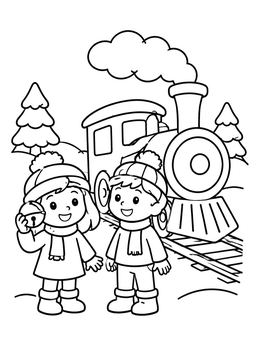 Free printable Children With Sleigh Bell And Winter Train coloring page