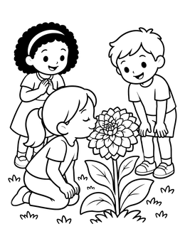 Free printable Children Admiring A Garden Dahlia coloring page