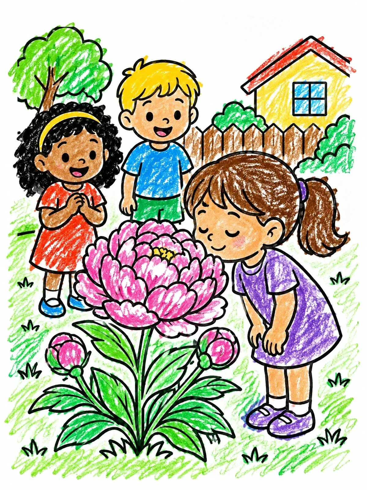 Colored example of the Children Smelling A Garden Peony coloring page