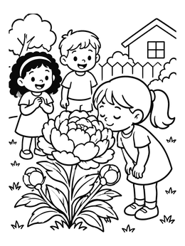 Free printable Children Smelling A Garden Peony coloring page