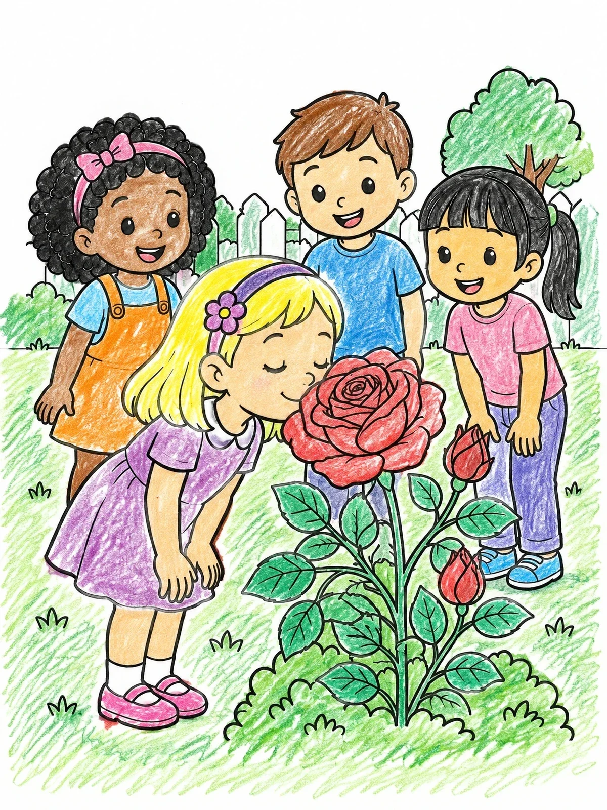 Colored example of the Children Admiring Garden Rose coloring page