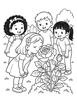 Free printable Children Admiring Garden Rose coloring page