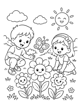 Free printable Children Admiring Smiling Spring Flowers coloring page