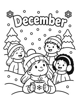 Happy children in winter clothes under snow in this december coloring page.