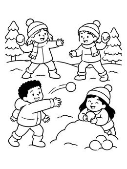 Kids play outside together in this cheerful snowball coloring page.