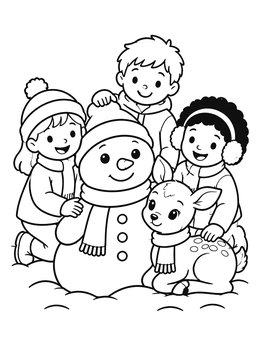 Children gathering around a friendly snowman and small deer on this snowman coloring page.