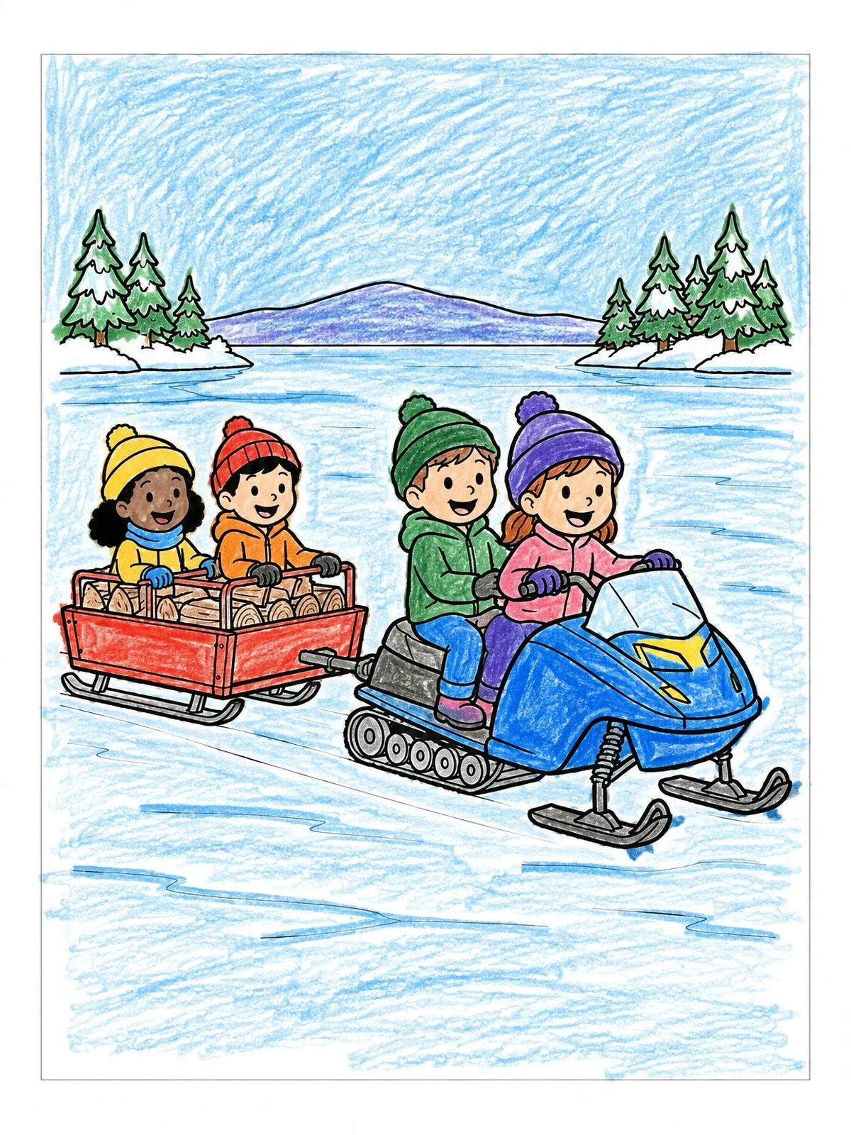 Colored example of the Children On A Winter Snowmobile Adventure coloring page
