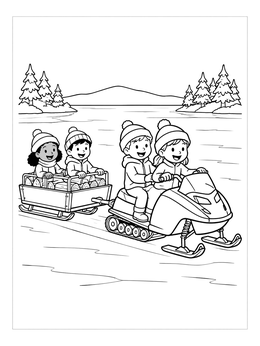 Free printable Children On A Winter Snowmobile Adventure coloring page