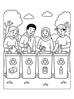 Children sorting waste into bins in this recycling coloring page.