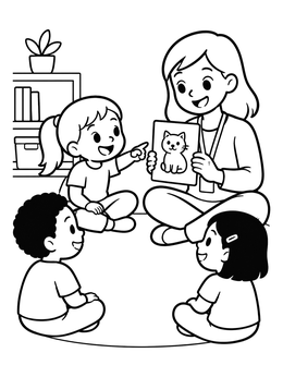 A speech therapy coloring page showing a teacher showing a cat card to children.