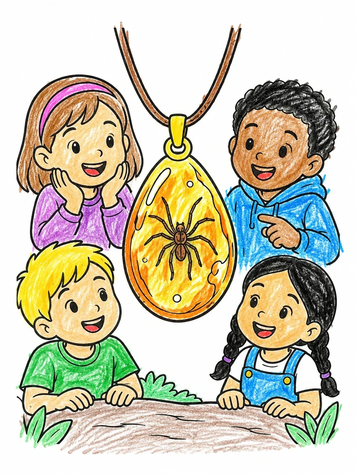 Colored example of the Children Admiring Spider Amber Pendant coloring page