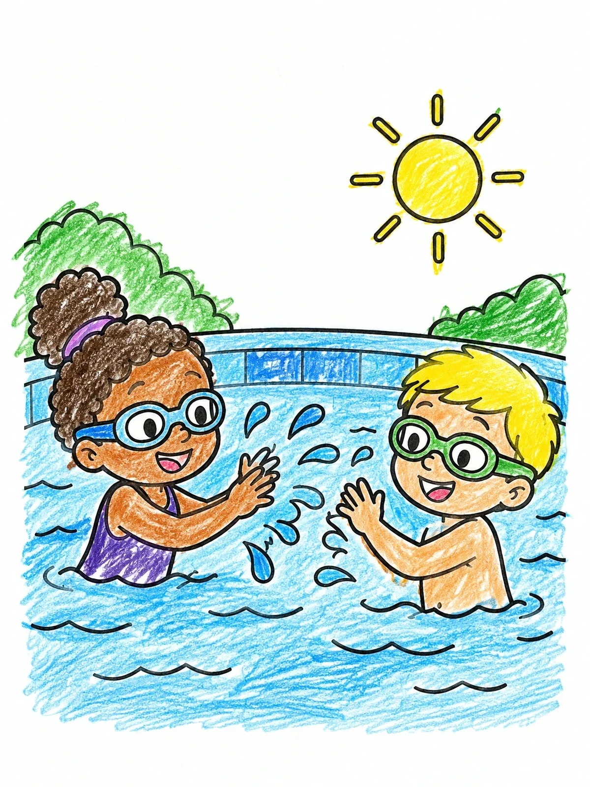Colored example of the Children Splashing In Swimming Pool coloring page