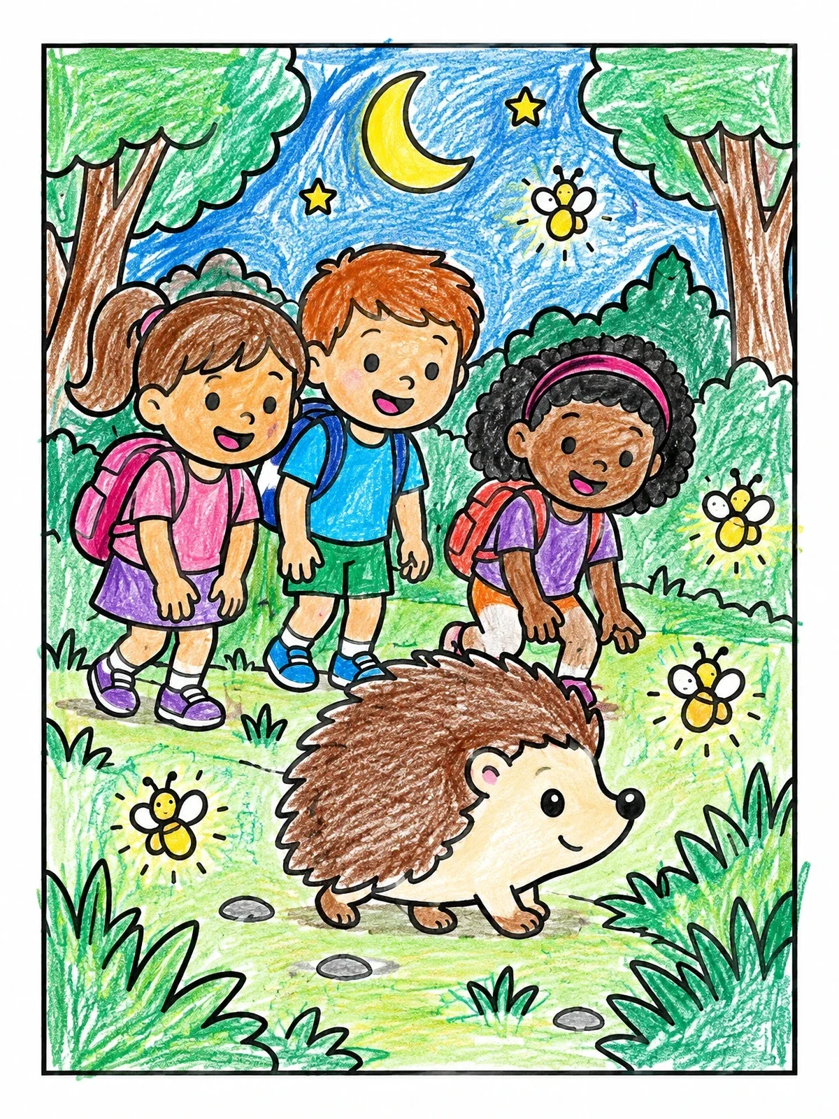 Colored example of the Children Spotting A Hedgehog At Night coloring page