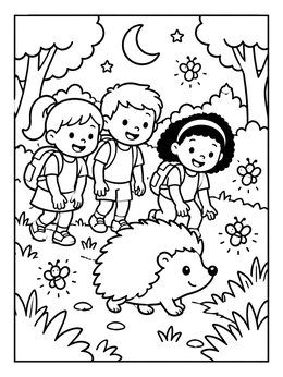 Free printable Children Spotting A Hedgehog At Night coloring page