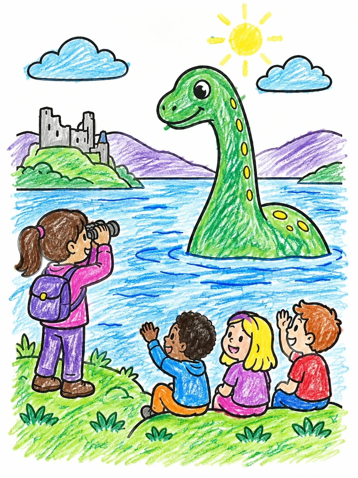 Colored example of the Children Spotting The Loch Ness Monster coloring page