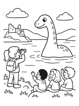 Free printable Children Spotting The Loch Ness Monster coloring page