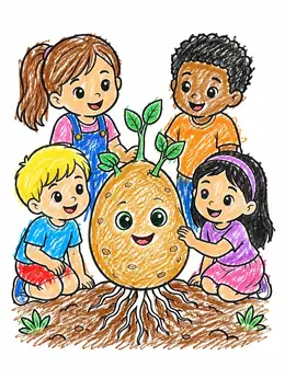 Children With Sprouting Potato Character – Potato Plants Coloring Page