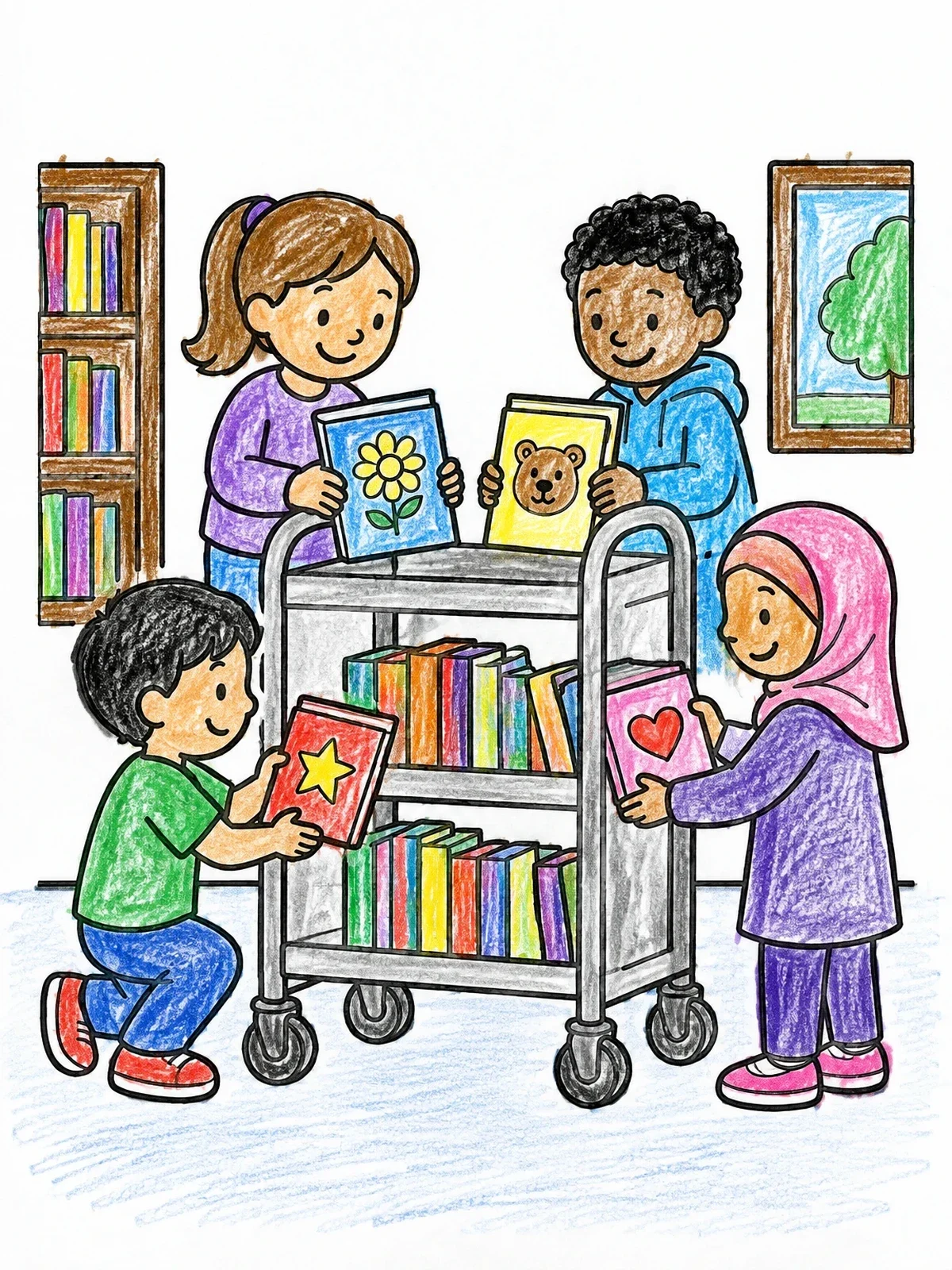 Colored example of the Children Stacking Books On Library Cart coloring page