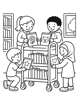 Free printable Children Stacking Books On Library Cart coloring page