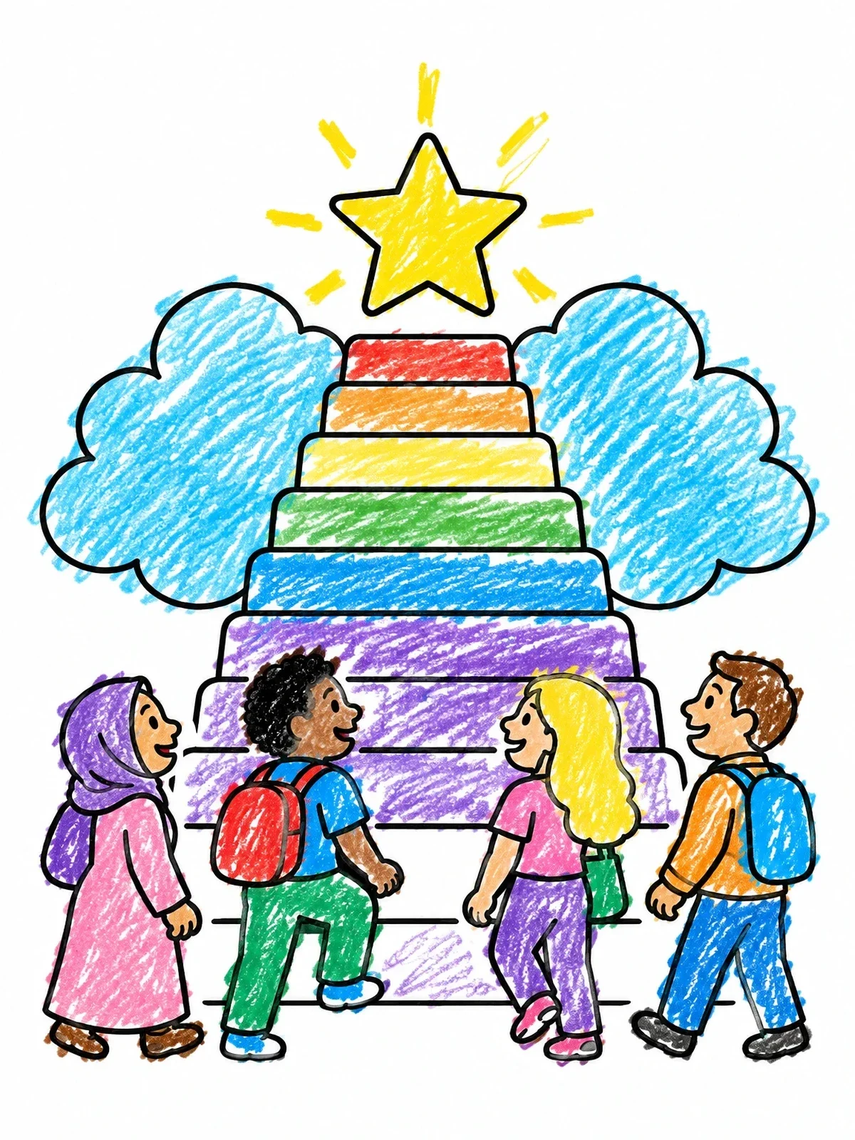 Colored example of the Children Climbing Stairway To A Star coloring page