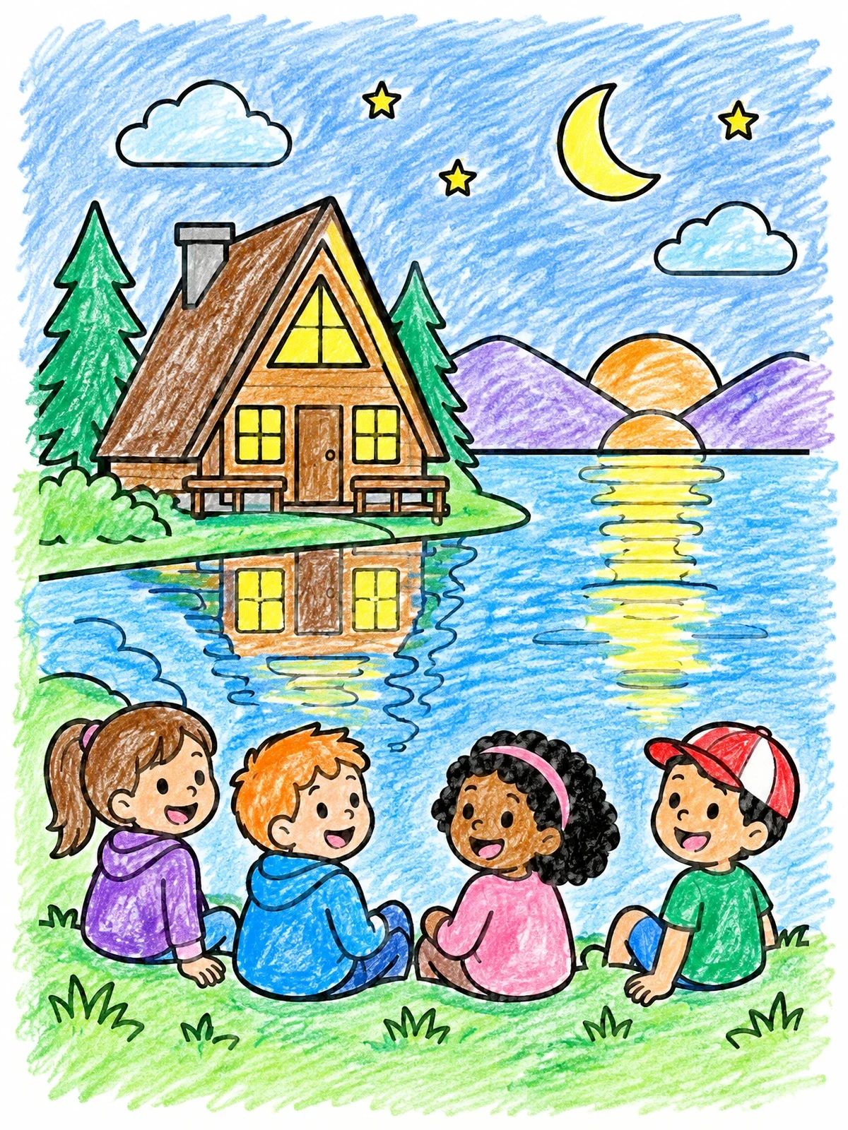 Colored example of the Children Stargazing By Lake Cabin coloring page