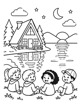 Free printable Children Stargazing By Lake Cabin coloring page