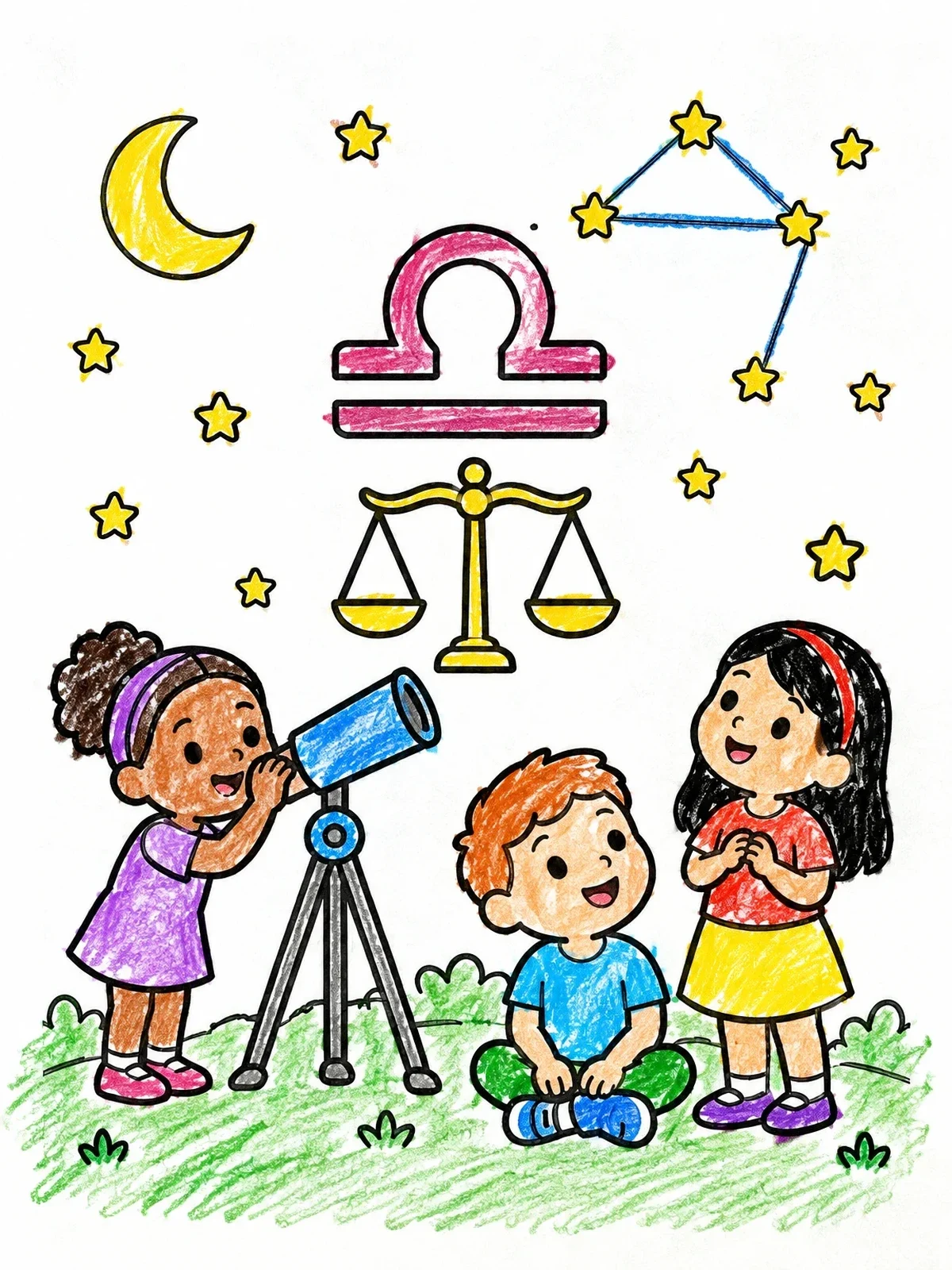 Colored example of the Children Stargazing With Libra Constellation coloring page