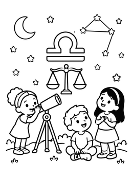 Free printable Children Stargazing With Libra Constellation coloring page