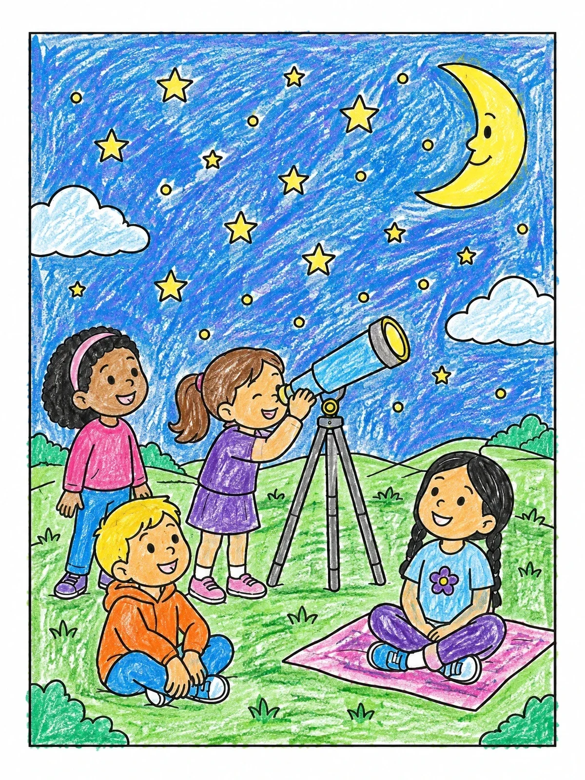 Colored example of the Children Stargazing With A Telescope coloring page