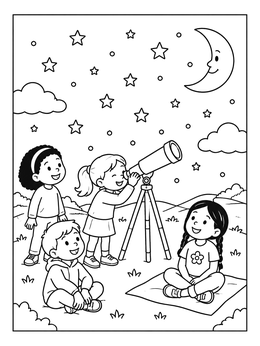 Free printable Children Stargazing With A Telescope coloring page