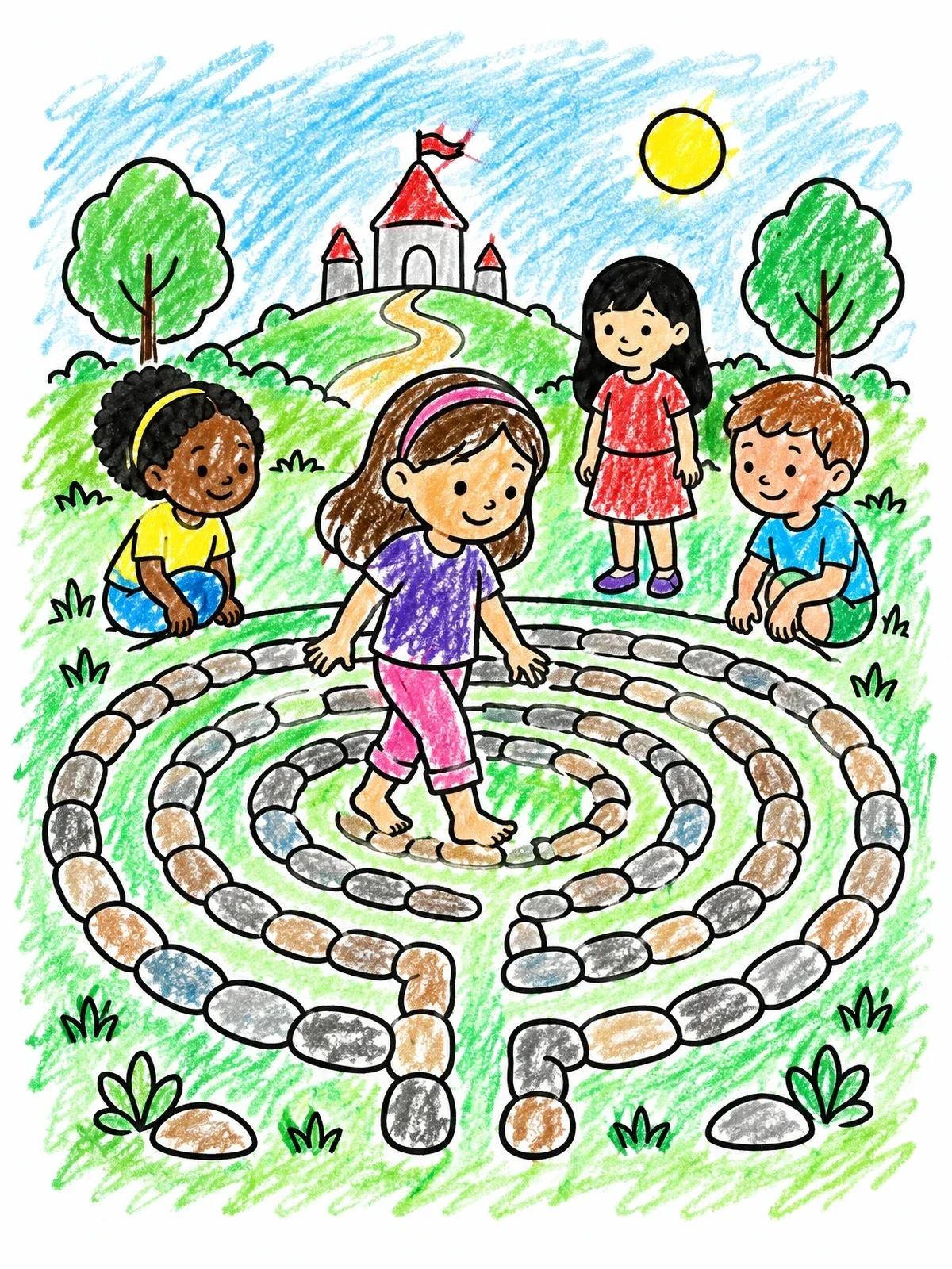 Colored example of the Children Playing In Stone Labyrinth coloring page