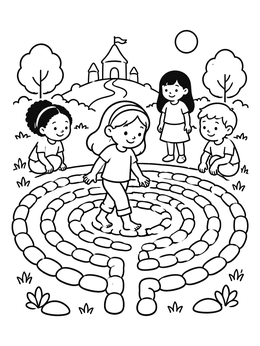 Free printable Children Playing In Stone Labyrinth coloring page