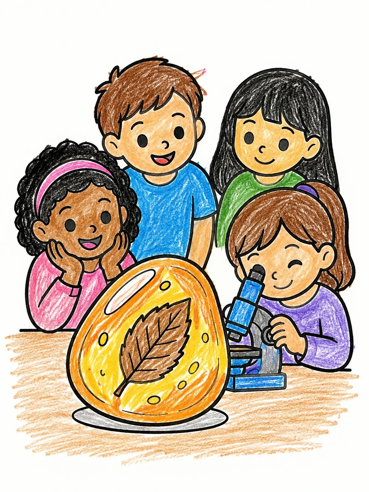Colored example of the Kids Examining Fossilized Leaf In Amber coloring page