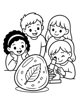 Free printable Kids Examining Fossilized Leaf In Amber coloring page