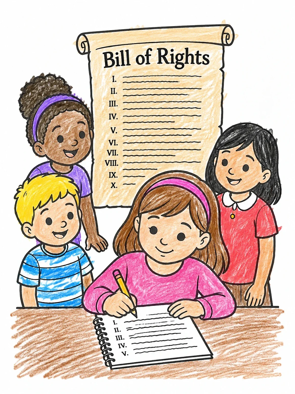 Colored example of the Children Studying The Bill Of Rights coloring page