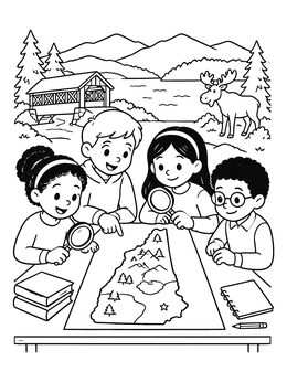 Free printable Kids Exploring A New Hampshire Map coloring page