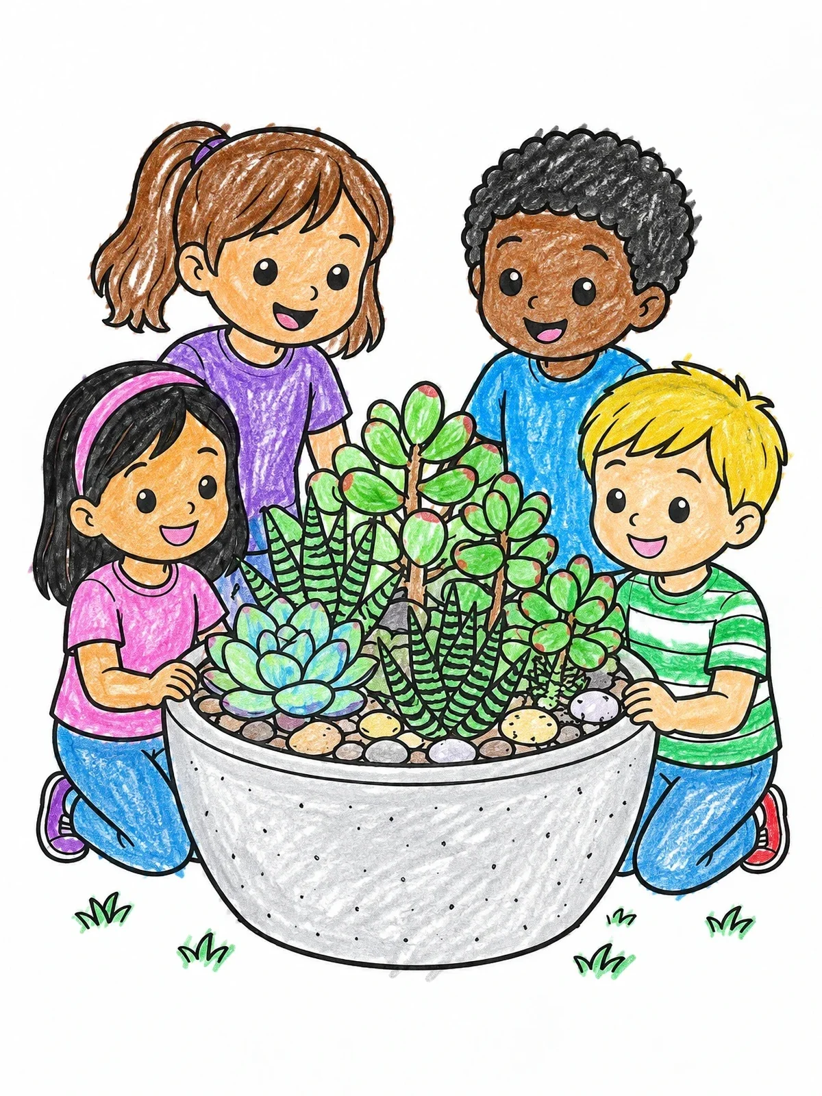 Colored example of the Children Admiring Succulent Planter Bowl coloring page