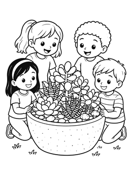 Four happy children gather around a bowl planter in this cute plant coloring page.