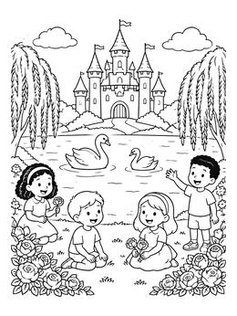 Free printable Children And Swans By Fairytale Castle coloring page