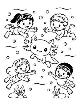 Kids snorkeling underwater with a cute creature on this baby coloring page.