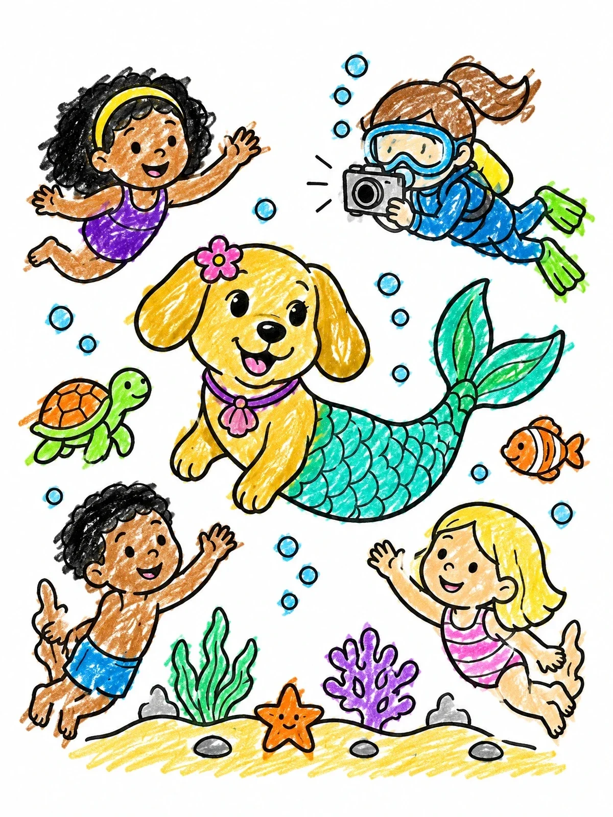 Colored example of the Children Swimming With A Mermaid Dog coloring page