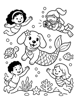 Free printable Children Swimming With A Mermaid Dog coloring page