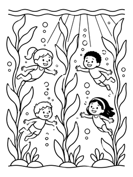 Free printable Children Swimming Through Kelp Forest coloring page