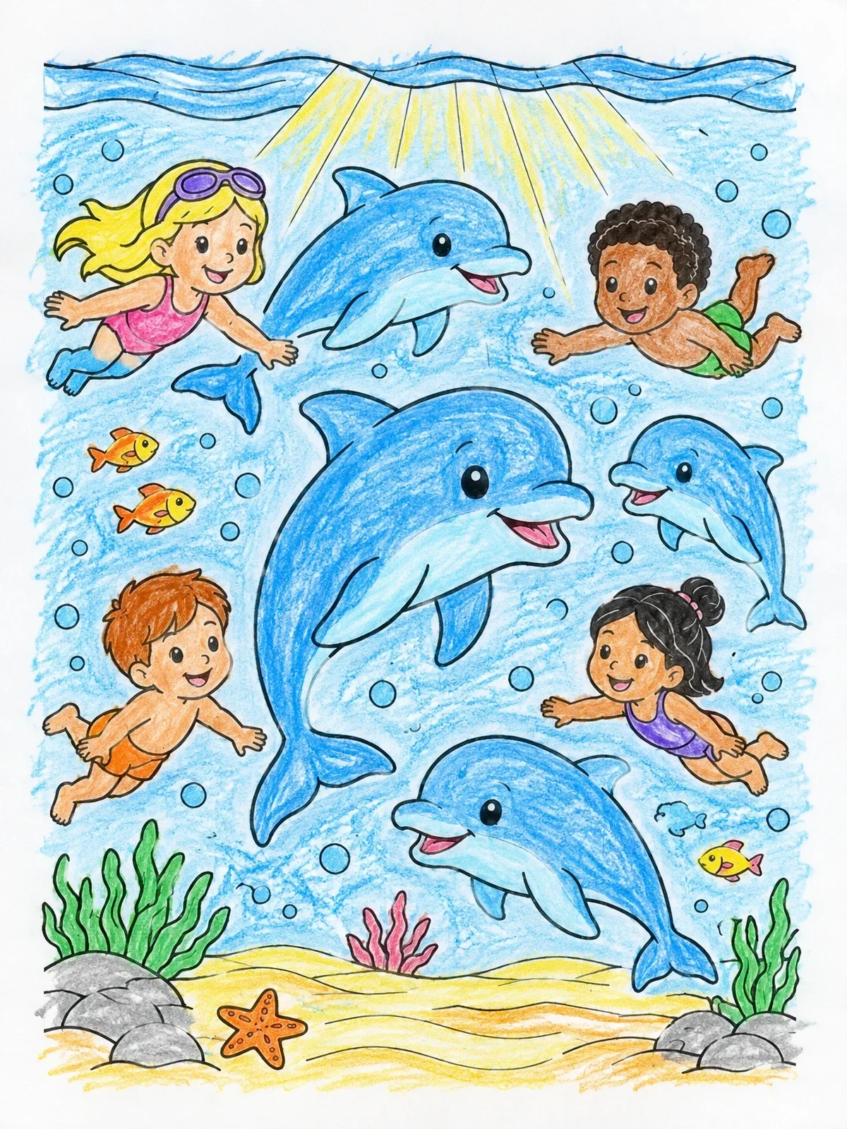 Colored example of the Children Swimming With Friendly Dolphins coloring page