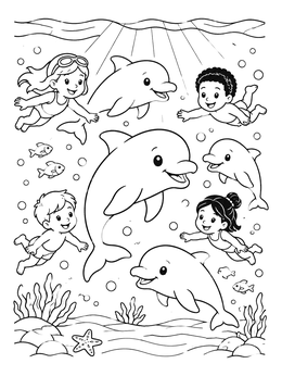 Free printable Children Swimming With Friendly Dolphins coloring page