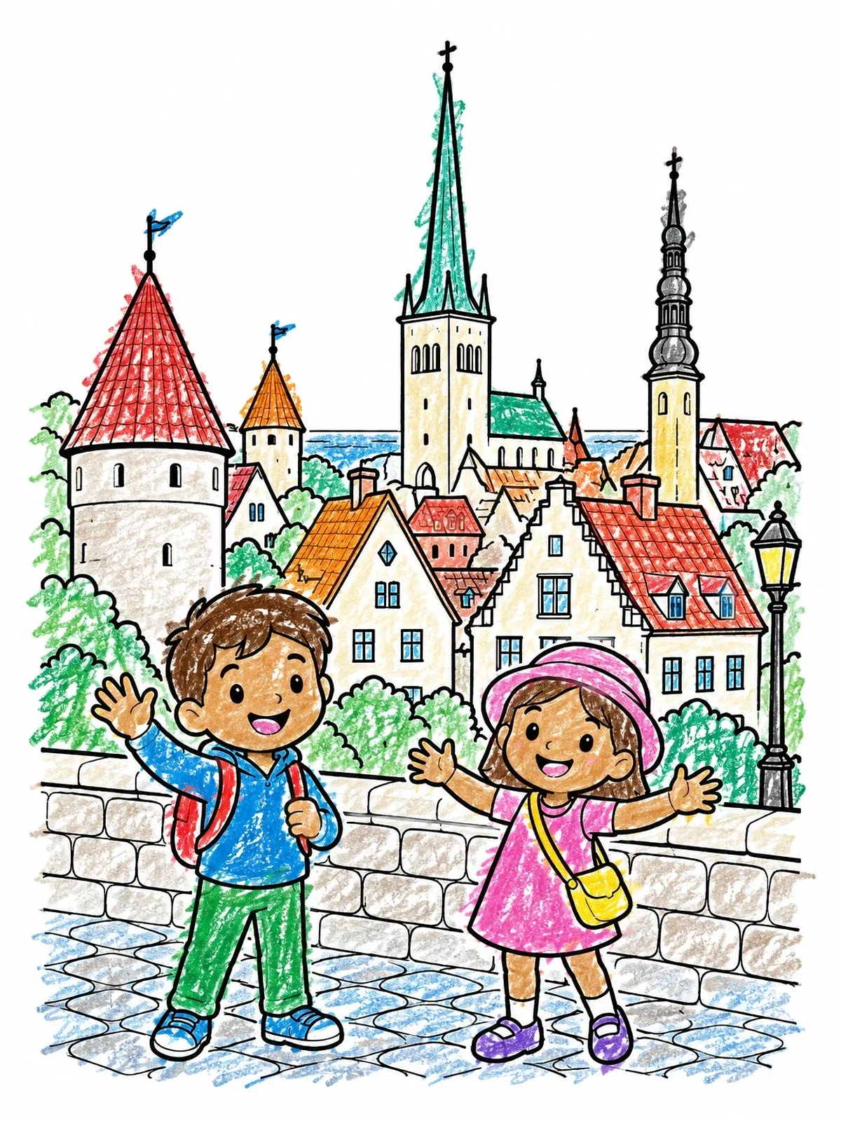 Colored example of the Children Visiting Tallinn Old Town coloring page