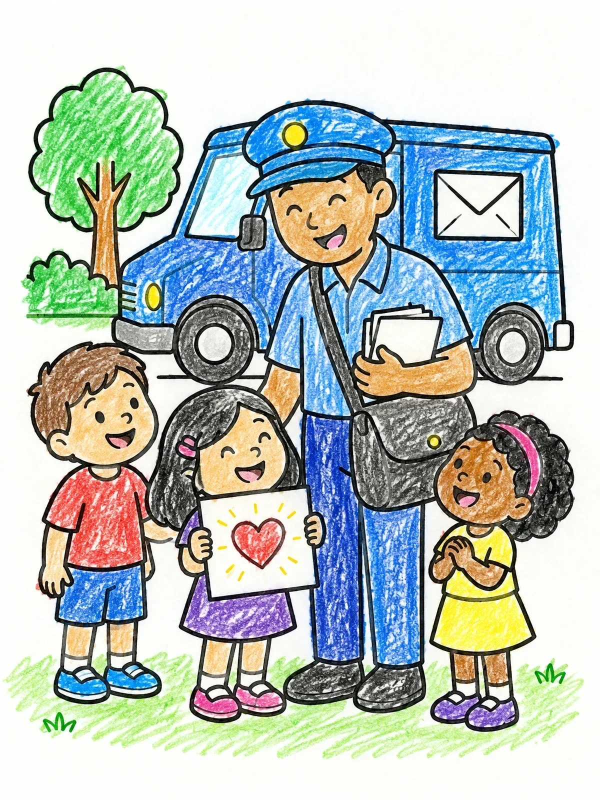 Colored example of the Children Thanking The Mail Carrier coloring page