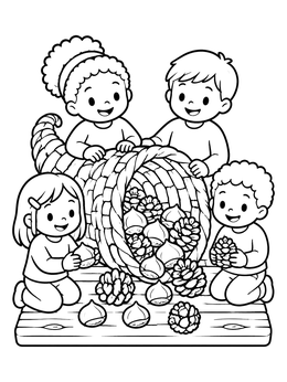 Four happy children gather around a thanksgiving symbols coloring page filled with pinecones and chestnuts.